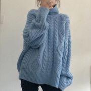 高领麻花毛衣女(毛衣女)秋冬外穿2021韩版洋气，减龄软糯蓝色针织衫上衣