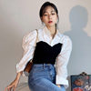 韩国chic夏季小众设计款翻领撞色拼接假两件针织，泡泡袖衬衫上衣女