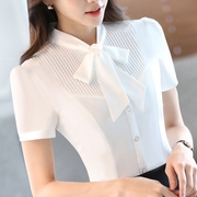 韩版2022职业白色衬衫女短袖，夏季雪纺宽松正装大码蝴蝶结衬衣