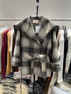 欧货秋冬格子双面羊毛，大衣系带大翻领海，军风气质时髦保暖外套小众