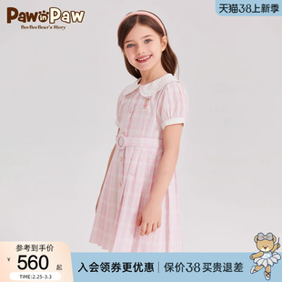 pawinpaw卡通小熊童装2024年春夏季女童学院风格纹印花连衣裙