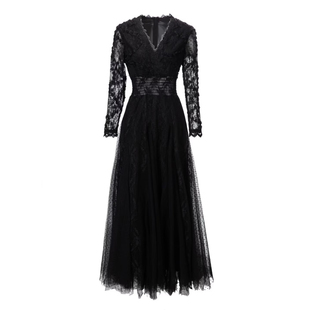 黑色晚装宴会礼服2022冬女装，复古v领长袖，网纱波点蕾丝绣花连衣裙