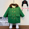 儿童军棉大衣加棉加厚中长款男女童外套，东北军绿棉袄加绒冬季宝宝