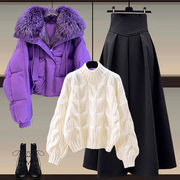 加绒加厚羽绒棉服外套冬装针织毛衣穿搭棉衣遮肉半身裙三件套