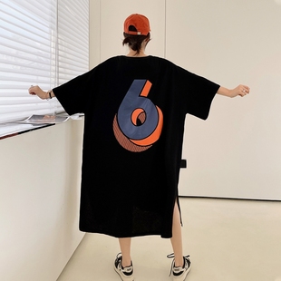  韩版黑色橙色印花数字宽松大码T恤连衣裙//A113