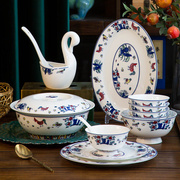景德镇陶瓷器套碗盘组合复古釉，中彩骨瓷餐具，碗碟套装家用高档送礼