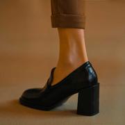 复古风乐福鞋黑色真皮高跟鞋2022年法式中口单鞋女圆头粗跟小皮鞋