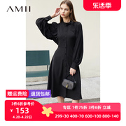 Amii2024春装黑色连衣裙女法式收腰裙子灯笼袖A字裙衬衫裙