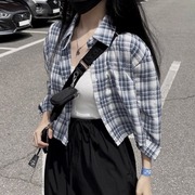 夏季女装韩版批发复古宽松格子衬衣长袖防晒短款衬衫薄外套潮