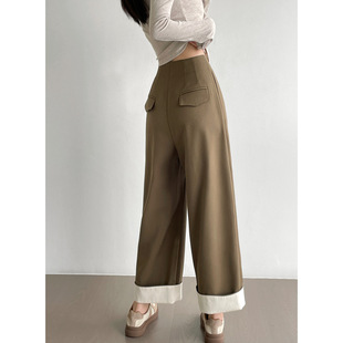 韩国设计师CherryKoko高腰撞色垂感阔腿裤女春季韩版小个子宽
