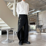 新中式翠竹刺绣直筒西装裤男小众，不规则解构拼接设计复古阔腿裙裤