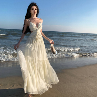 高级感重工大裙摆长裙，晕染纯色蝴蝶吊带连衣裙海边度假超仙沙滩裙