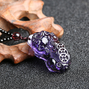 天然紫水晶吊坠项链貔貅，生日礼物男女款毛衣链，民族风项链潮流饰品