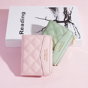 短款折叠小钱包女式小众设计韩版时尚ins菱格子车缝线钱夹包