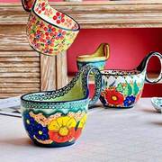 孔雀羽餐具西里西亚曲把陶瓷碗曲把杯碗高颜值PAWIE手绘琉璃黄彩.