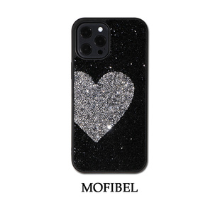 mofibel原创设计水钻，黑底银色爱心情侣款适用于iphone13pm手机壳