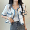 韩国chic夏季气质小香风，圆领撞色包边，宽松休闲百搭短袖粗花呢外套