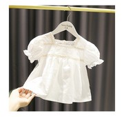 女宝宝蕾丝花边白色短袖上衣2022儿童夏装薄款女童透气棉布娃娃衫