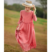 棉麻2023长袖苎麻捻皱双层粉色，宽松大码飘逸纯色连衣裙九分袖