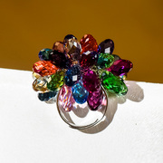 清欢925银饰品彩色水晶花朵戒指原创个性时尚食指戒可调大小指环