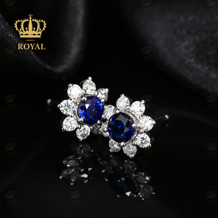 ROYAL珠宝1.1CT蓝宝石耳钉18K金钻石镶嵌太阳花造型套装送女友礼