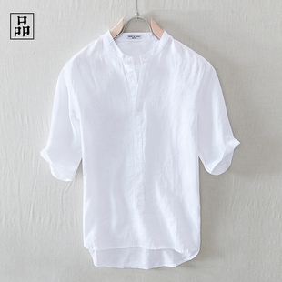 一件会呼吸的亚麻t恤夏季薄款复古亚麻小立领短袖衬衫男半袖白色