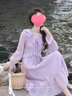 裙子长裙法式气质淑女温柔香芋紫色喇叭袖，v领雪纺连衣裙女春