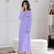 睡裙女款2024春款纯棉长袖紫色，春秋款长裙，到脚踝超长款睡衣裙
