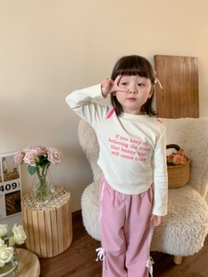 女童字母系带长袖t恤春季2024女宝宝粉色条纹休闲裤两件套