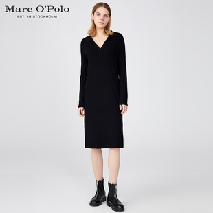 Marc O'Polo/MOP春秋女士V领长袖针织连衣裙垂感A字裙套头中长裙