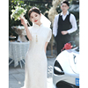 白色旗袍2024夏季登记领证小白裙，高级感订婚礼服平时可穿蕾丝