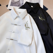 翠竹刺绣金属扣衬衫男长袖中国风白色衣服新中式男装穿搭衬衣外套
