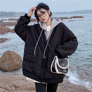 大码胖mm韩系学院风设计感假两件加厚连帽棉衣外套女学生冬季保暖