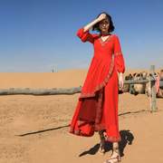 仙女复古民族风沙漠长裙衣成森林海边度假拍照旅行红色连衣裙578