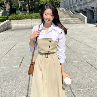 韩国chic秋季高级气质感翻领系带收腰不规则拼接撞色假两件连衣裙
