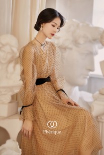 PHERIQUE《茶微醺》法式复古优雅植绒波点网纱灯笼袖公主裙连衣裙
