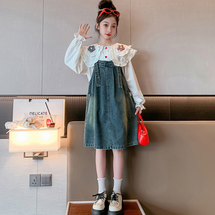 女童春装套装2024韩版甜美娃娃领衬衫牛仔背心连衣裙两件套潮