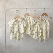 ins韩版婴幼儿夏季纯棉碎花吊带，连体哈衣宝宝短袖，上衣+荷叶边短裤