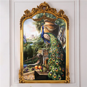 83x135美式欧式客厅别墅金异形壁炉挂画装饰画油画玄关画绿粉孔雀
