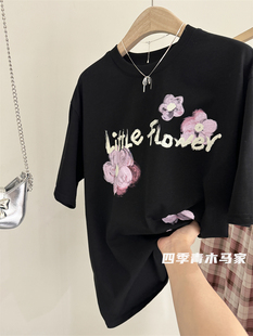 木马家 韩国买手店款 后背字母 花朵印花时尚设计感宽松短袖T恤