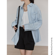淡蓝色防晒衬衫女长袖2024夏季韩版宽松薄款浅色翻领衬衣外套
