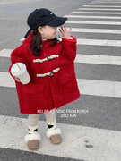 儿童冬季外套2023洋气加厚红色显白圣诞新牛角扣连帽年服大衣