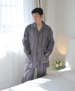 秋季男士加肥大码长袖长裤加厚针织纯棉衬衫款开衫宽松睡衣家居服