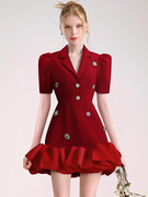 气质感轻熟红色西装裙女钉钻设计感时尚，通勤欧根纱拼接连衣裙