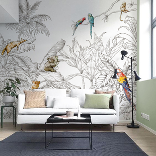 法式轻奢热带雨林动植物壁纸，黑白色调线条壁画，客厅餐厅墙纸壁布