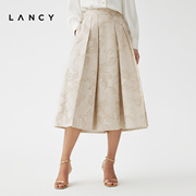 LANCY/朗姿2023冬季高腰印花半身裙子女中长款米白色桑蚕丝