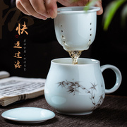 景德镇手绘茶杯陶瓷过滤茶水分离办公室泡茶杯子带盖滤水水杯家用