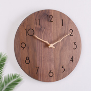 黑胡桃实木挂钟北欧简约现代圆形钟表客厅卧室静音原木质创意时钟