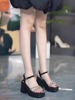 韩版时尚水钻细带，防水台粗跟厚底凉鞋2024夏季一字，扣高跟鞋女