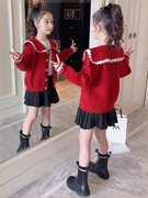 女童春装毛衣外套2023儿童洋气女孩春秋学院风红色毛线针织衫